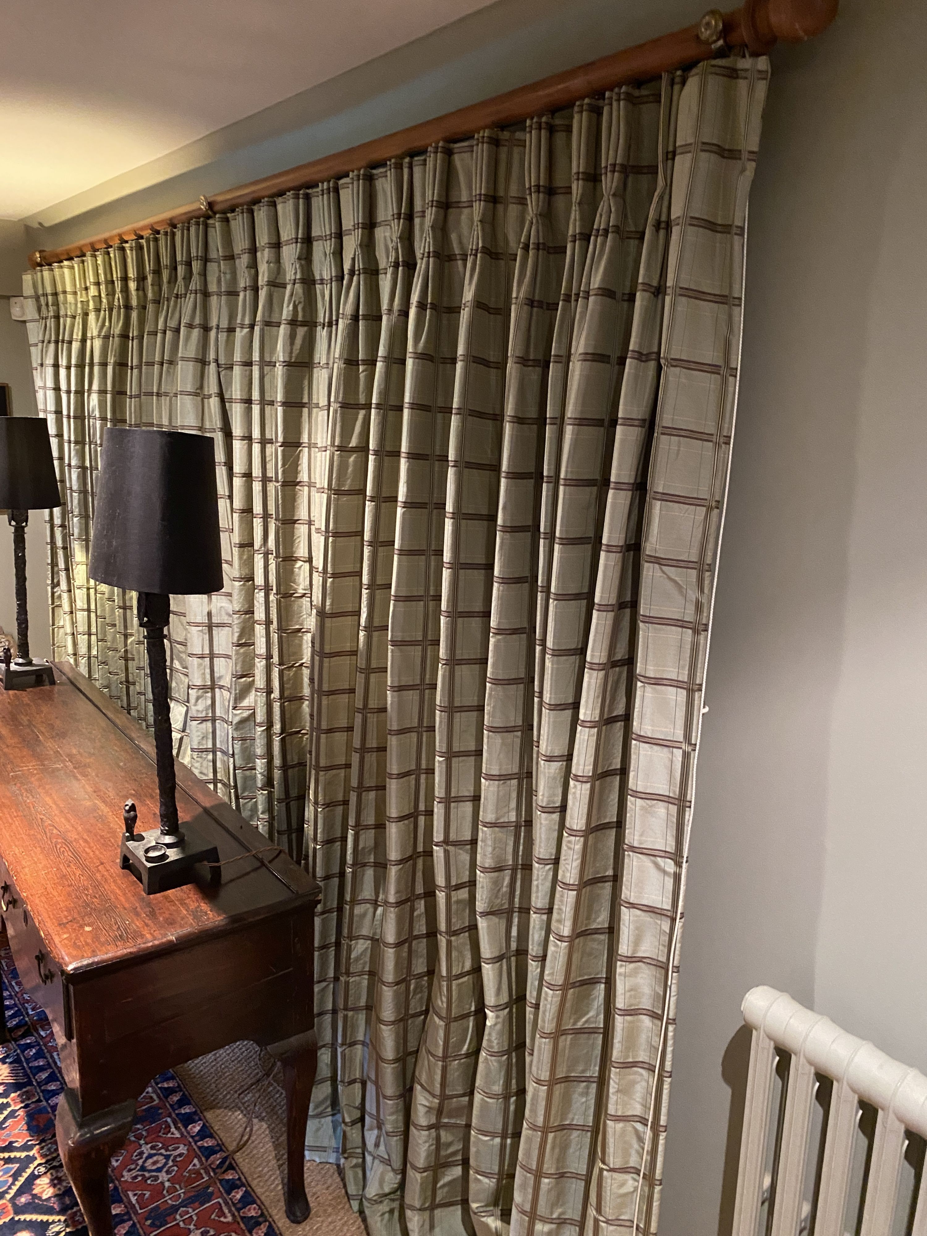 A pair of eau de nil silk curtains with check pattern, drop 207cm, made to fit an aperture of 3m